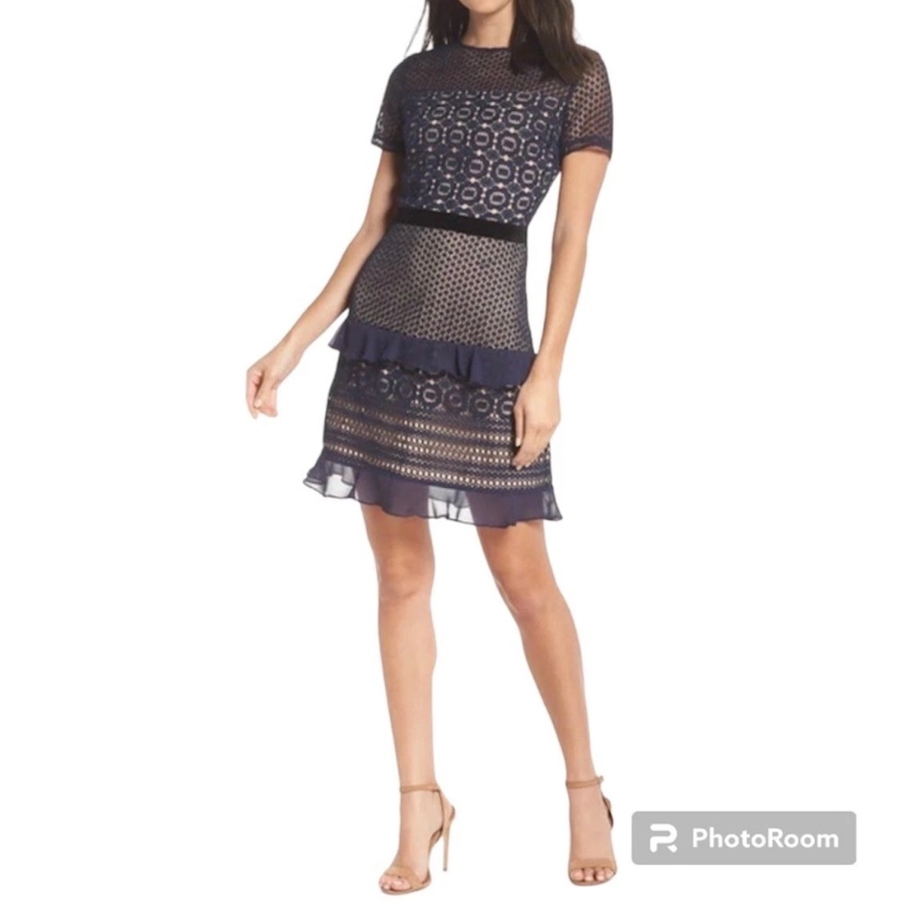 Chelsea28 Blue Tiered Ruffled Sheath Midi Dress